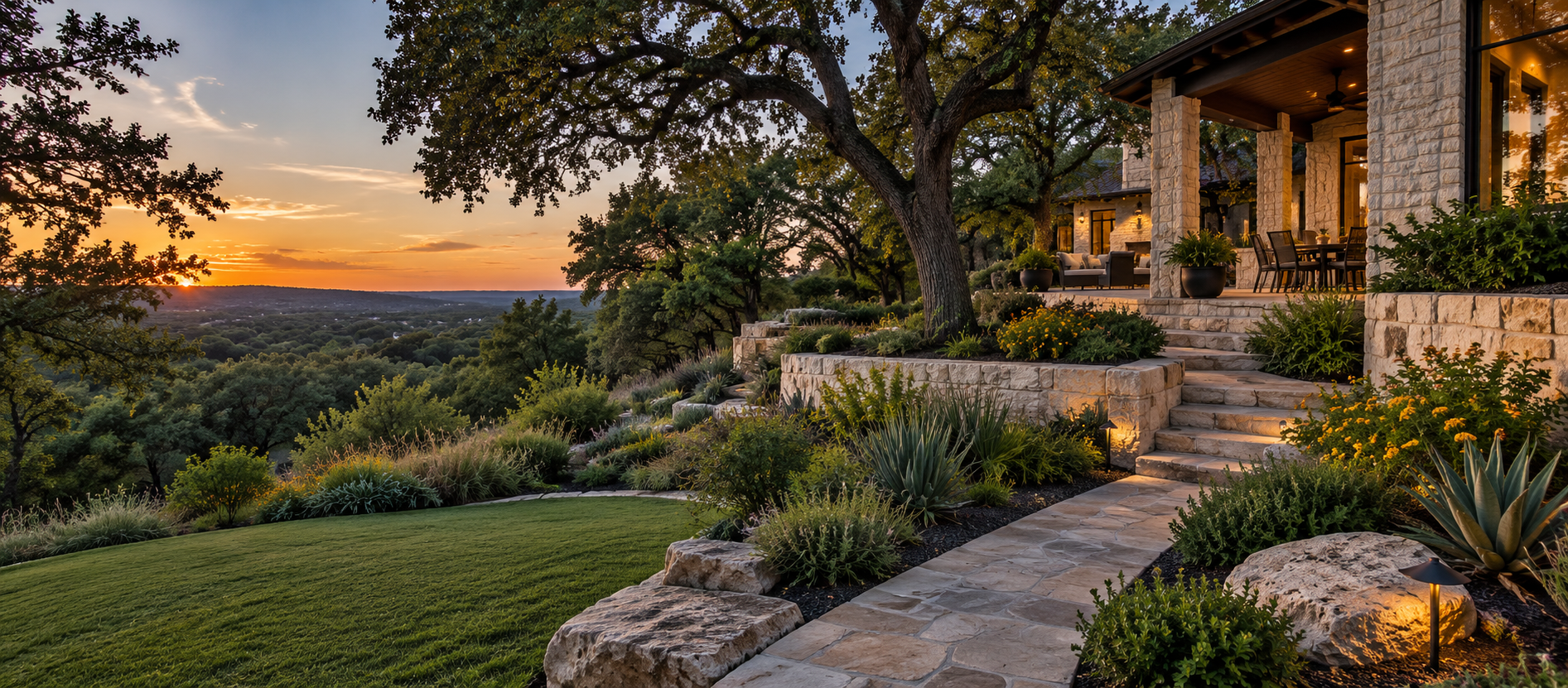 Texas Hill Country landscaping with limestone walls and native plants